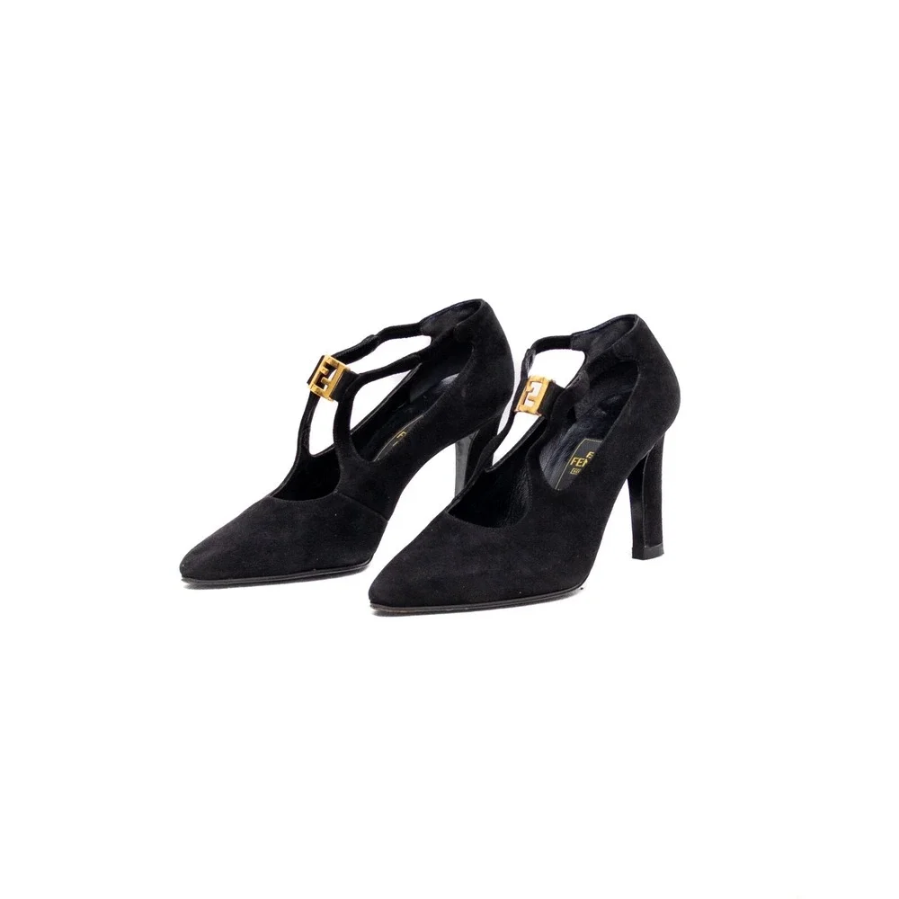 Vintage Fendi Scarpe Black Suede T-Strap Heels with Gold FF Buckle–Size 5.5/EU36